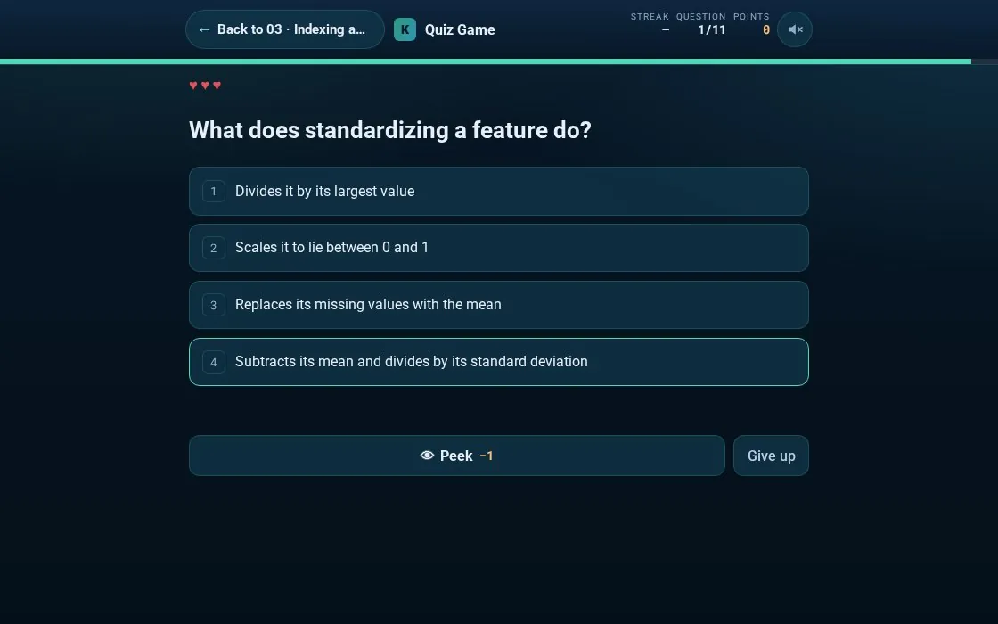A quiz game question from a technical workshop course, with four answers and a Peek button.