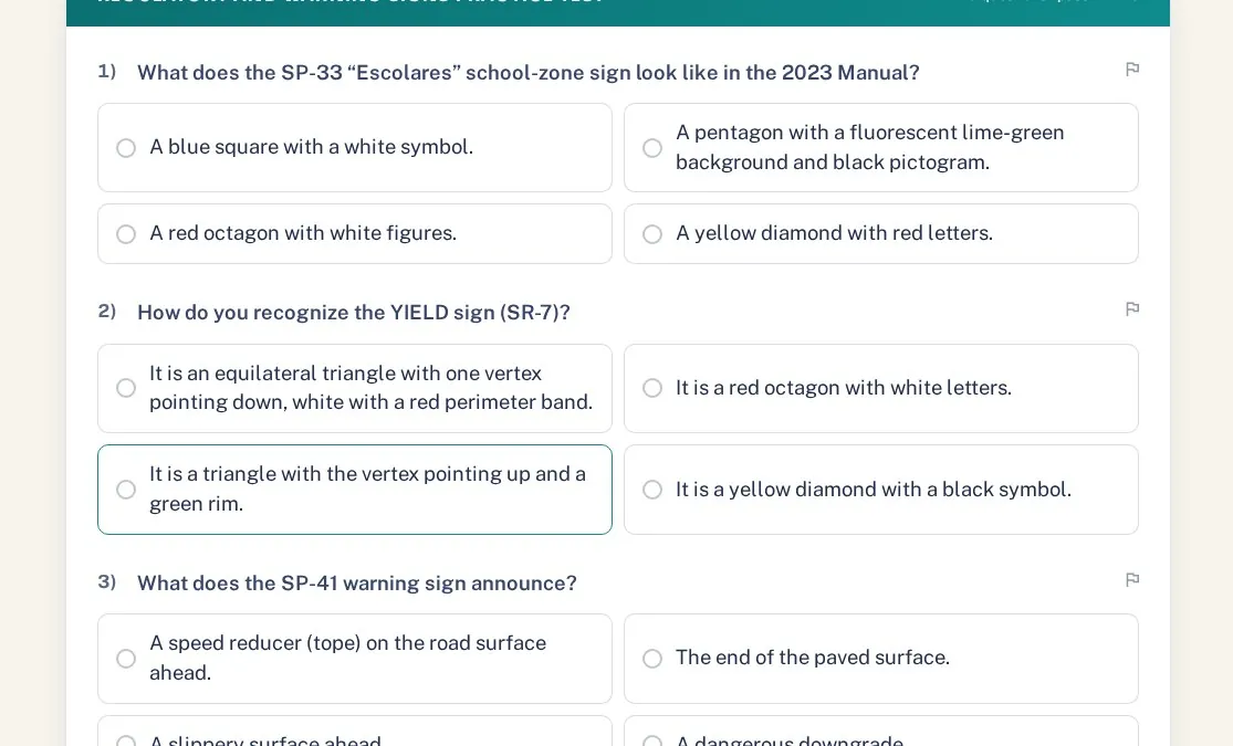 A practice test about Mexican road signs with multiple-choice answers.